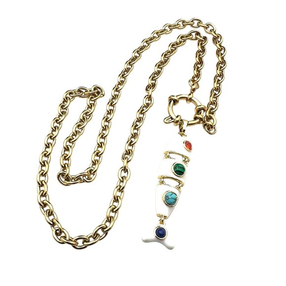 Multi-Gemstone White Enamel Fish Pendant Necklace 18K Gold Plated Chain 17 Inch - Picture 4 of 9